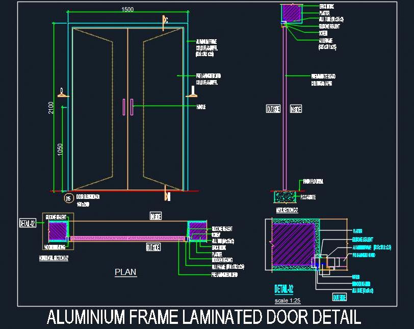 Aluminium Frame Laminated Door DWG- Plans, Elevations, Sections